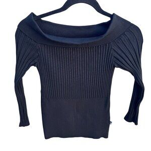 Bisou Jeans Vintage Y2K Black Ribbed Knit Fitted Top L Silk Blend Off-Shoulder
